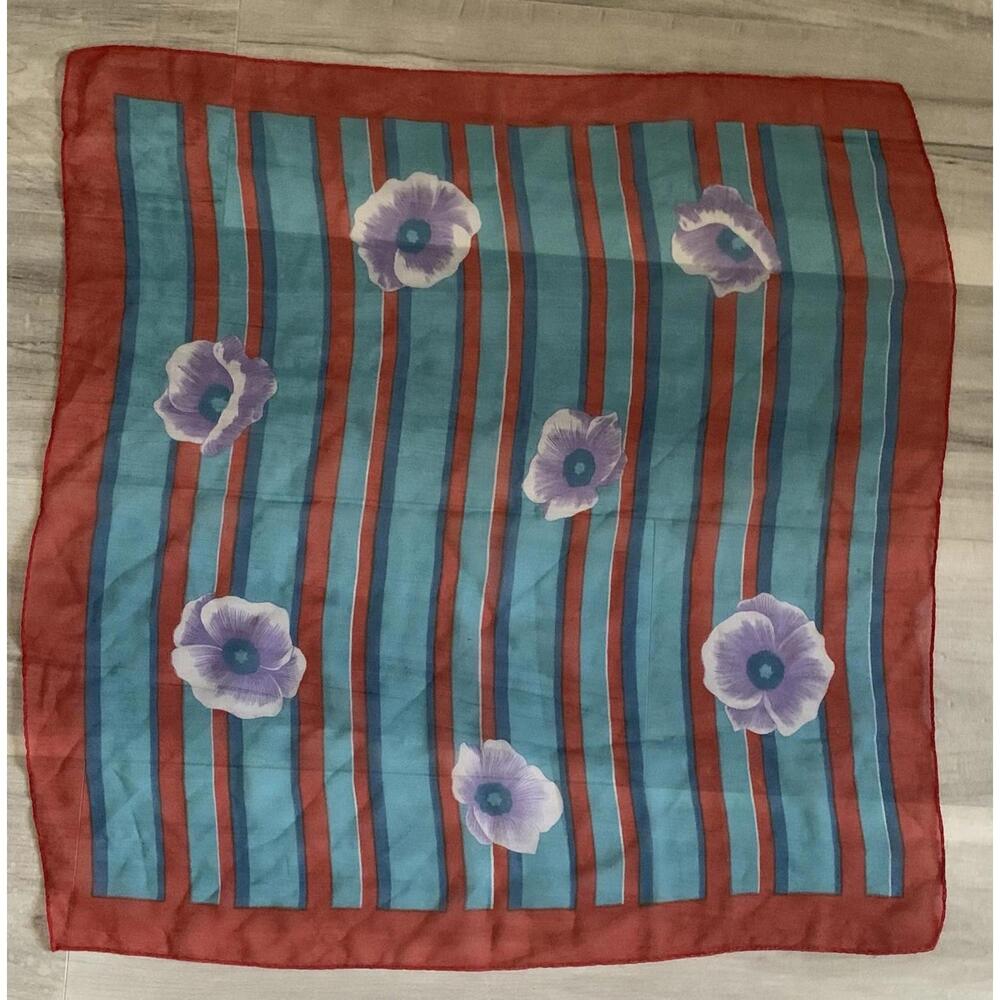 Red Blue Sheer Floral Scarf  26” Square Vintage